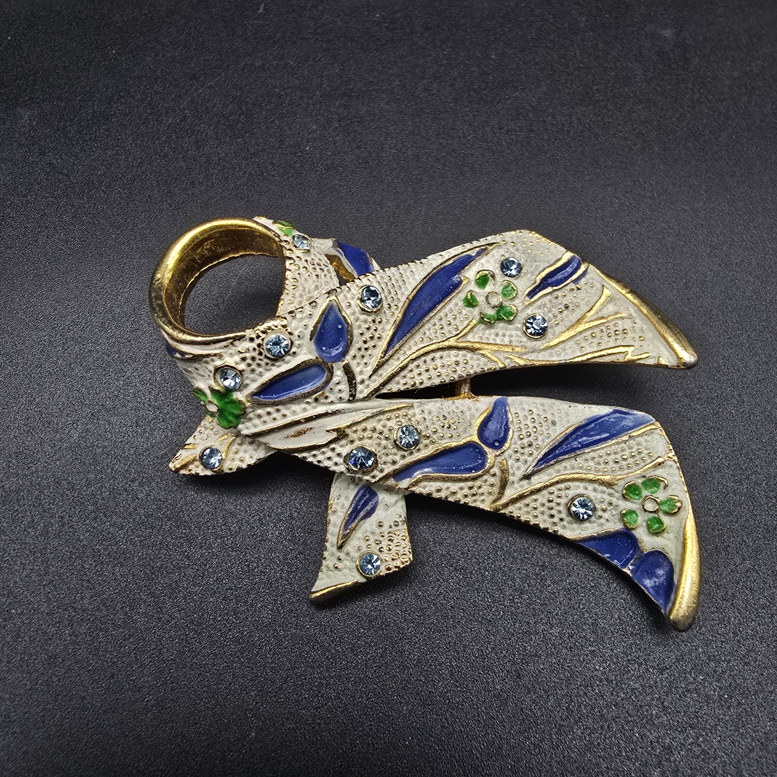Bsk White Enamel Ribbon Brooch Blue Green Rhinestone Vintage Floral Jewelry 24$